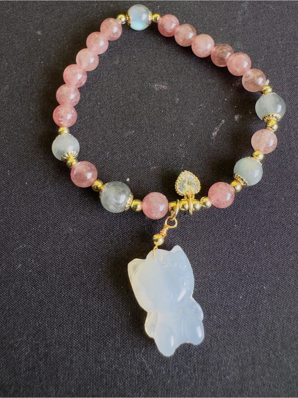 Gold-Plated Pink and Gray Beaded Bracelet with kitty Cat Charm